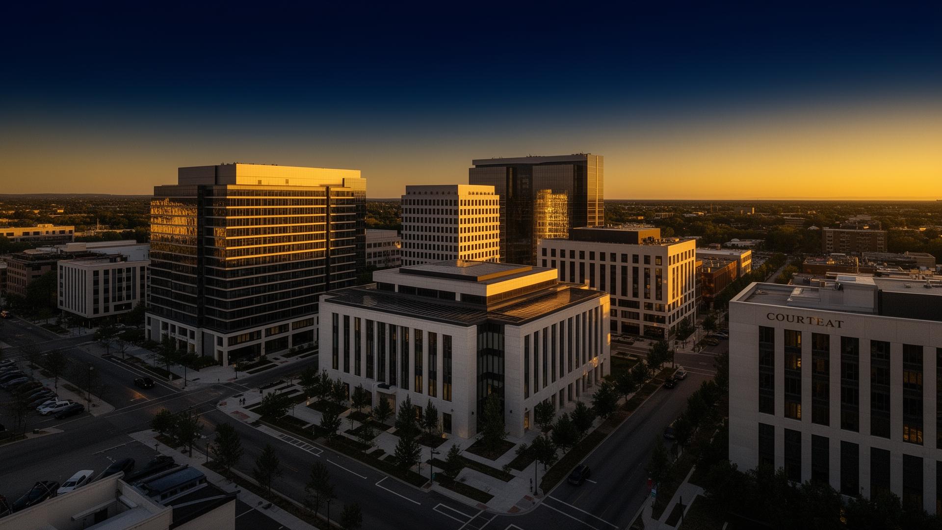 Modern legal district at golden hour