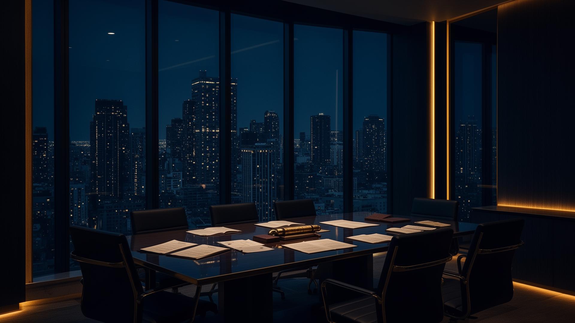 Premium law office conference room overlooking city skyline